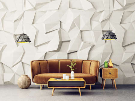 Modern living room  with brown sofa and lamp. Scandinavian interior design furniture. 3d render illustrationの写真素材