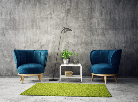 Modern living room  with blue armchairs and lamp. Scandinavian interior design furniture. 3d render illustrationの写真素材