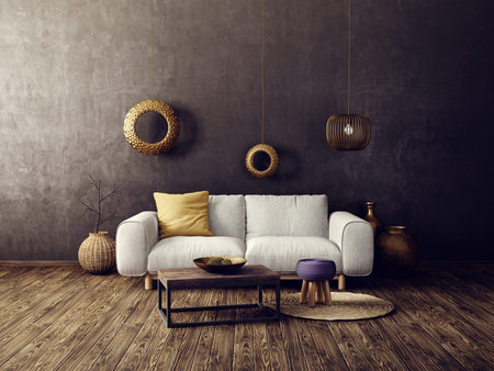 modern living room  with white sofa and lamp. scandinavian interior design furniture. 3d render illustrationの写真素材