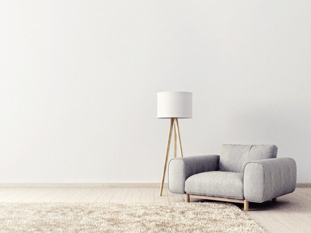 modern living room  with grey  armchair and lamp. scandinavian interior design furniture. 3d render...