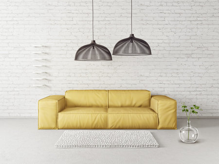 Modern living room with yellow sofa and lamp. Scandinavian interior design furniture. 3d render illustrationの写真素材
