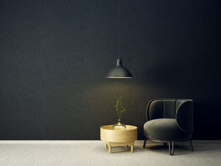 Modern living room with armchair and lamp. Scandinavian interior design furniture. 3d render illustrationの写真素材
