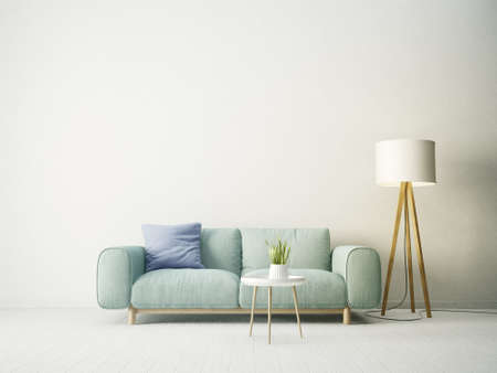 Modern living room with sofa and lamp. Scandinavian interior design furniture. 3d render illustrationの写真素材