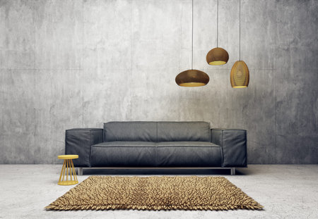 Modern living room with sofa and lamp. scandinavian interior design furniture. 3d render...