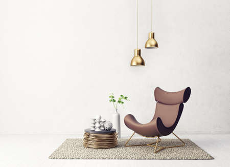 modern living room  with armchair and lamp. scandinavian interior design furniture. 3d render illustrationの写真素材
