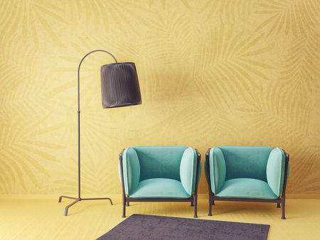 modern living room  with yellow armchair and lamp. scandinavian interior design furniture. 3d render...