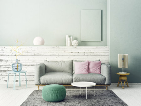 modern living room  with grey sofa  and lamp. scandinavian interior design furniture. 3d render illustrationの写真素材