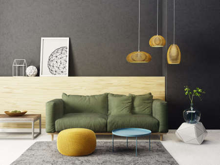 modern living room  with green sofa and lamp. scandinavian interior design furniture. 3d render illustrationの写真素材