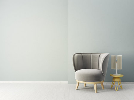 modern living room  with grey  armchair and lamp. scandinavian interior design furniture. 3d render illustrationの写真素材