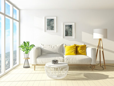 modern living room  with sofa and lamp. scandinavian interior design furniture. 3d render illustrationの写真素材