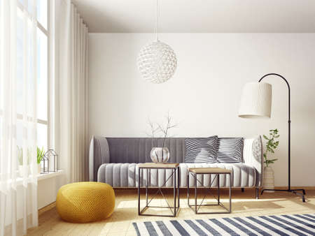 modern living room  with sofa and big window. scandinavian interior design furniture. 3d render illustrationの写真素材