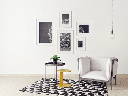modern living room  with armchair and carpet. scandinavian interior design furniture. 3d render...