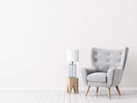 modern living room  with  grey armchair and lamp. scandinavian interior design furniture. 3d render illustrationの写真素材