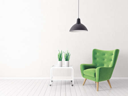 modern living room  with  green armchair and lamp. scandinavian interior design furniture. 3d render illustrationの写真素材
