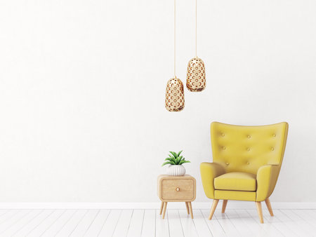 modern living room  with  yellow armchair. scandinavian interior design furniture. 3d render illustrationの写真素材