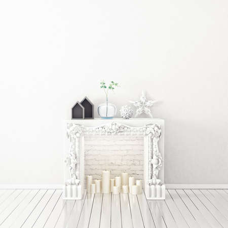 fireplace and candle in the white room. 3d illustrationの写真素材