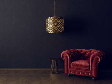 modern living room  with red armchair and lamp. scandinavian interior design furniture. 3d render illustrationの写真素材