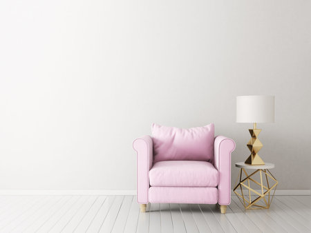 modern living room  with pink armchair and lamp. scandinavian interior design furniture. 3d render illustrationの写真素材