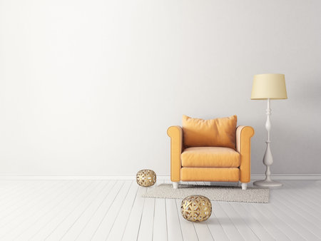 modern living room  with yellow armchair and lamp. scandinavian interior design furniture. 3d render illustrationの写真素材