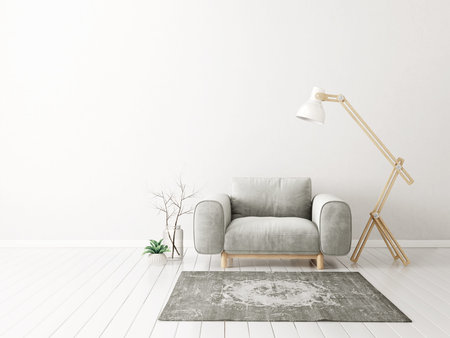 modern living room  with  armchair and lamp. scandinavian interior design furniture. 3d render illustrationの写真素材