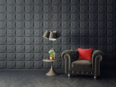 modern living room  with yellow armchair and lamp. scandinavian interior design furniture. 3d render illustrationの写真素材