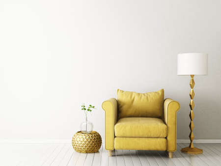 modern living room  with yellow armchair and lamp. scandinavian interior design furniture. 3d render illustrationの写真素材