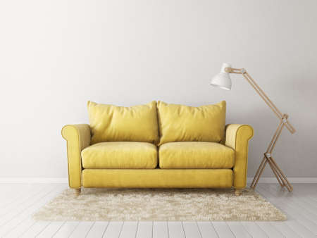 modern living room  with yellow sofa and lamp. scandinavian interior design furniture. 3d render illustrationの写真素材
