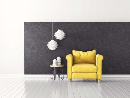 modern living room  with yellow armchair and lamp. scandinavian interior design furniture. 3d render illustrationの写真素材