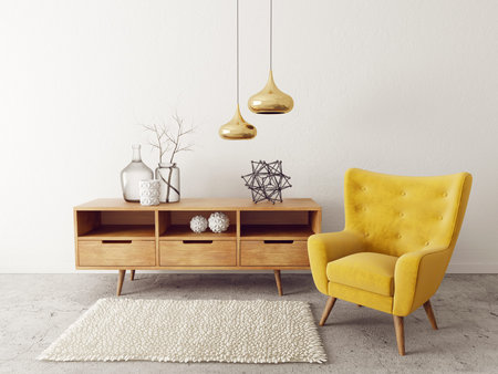 modern living room  with yellow armchair. scandinavian interior design furniture. 3d render illustrationの写真素材