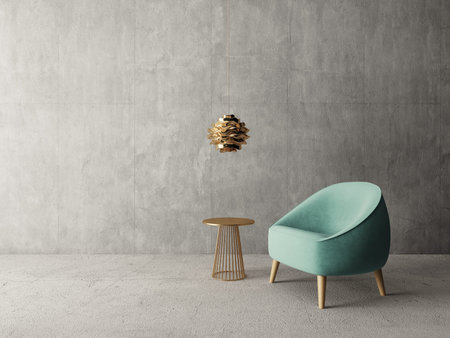 modern living room  with armchair and lamp. scandinavian interior design furniture. 3d render illustrationの写真素材