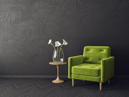 modern living room  with green armchair. scandinavian interior design furniture. 3d render illustrationの写真素材