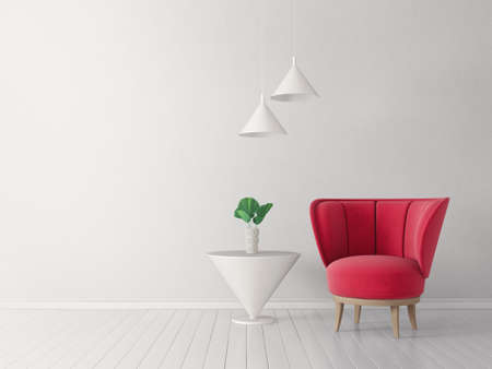 modern living room  with red armchair and lamp. scandinavian interior design furniture. 3d render illustrationの写真素材