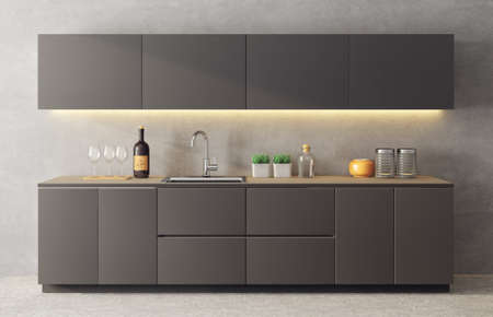modern interior  kitchen with luxury furniture. 3d illustrationの写真素材