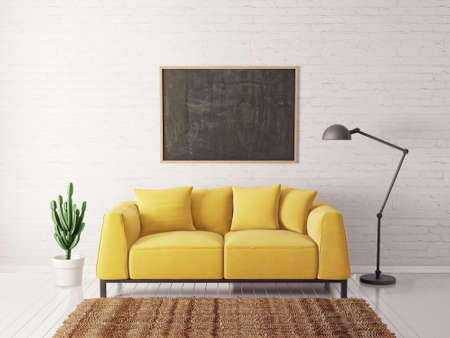 modern living room  with yellow sofa and lamp. scandinavian interior design furniture. 3d render illustrationの写真素材