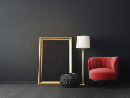 modern living room  with red armchair and lamp. scandinavian interior design furniture. 3d render illustrationの写真素材