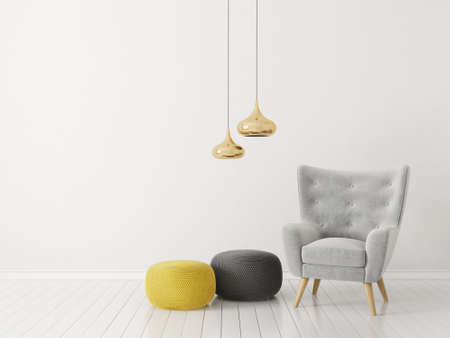 modern living room  with armchair and lamp. scandinavian interior design furniture. 3d render illustrationの写真素材
