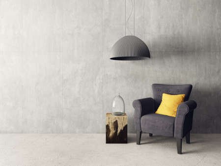 modern living room  with armchair and lamp. scandinavian interior design furniture. 3d render illustrationの写真素材
