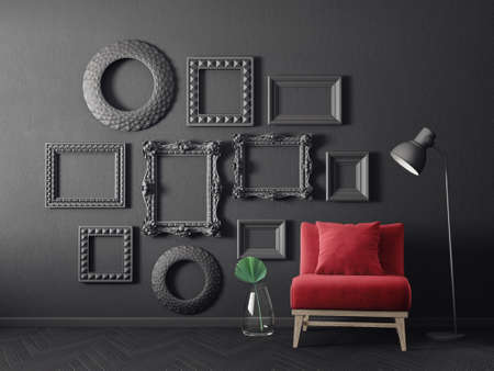 modern living room  with red armchair and lamp. scandinavian interior design furniture. 3d render illustrationの写真素材