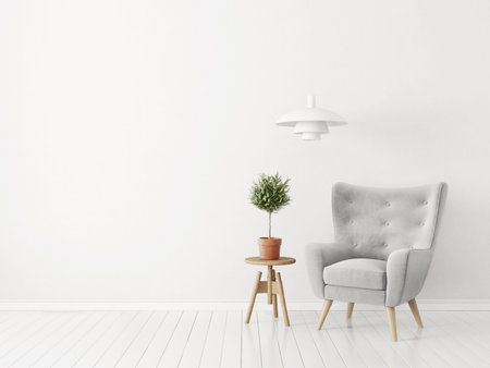 modern living room  with grey armchair and lamp. scandinavian interior design furniture. 3d render illustrationの写真素材