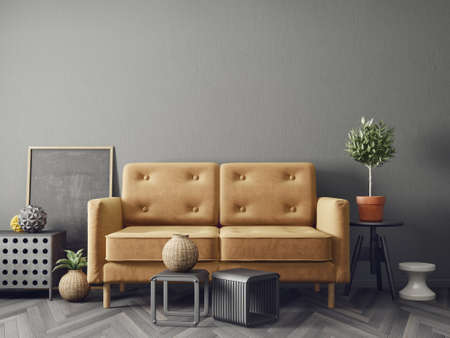 modern living room  with yellow sofa. scandinavian interior design furniture. 3d render illustrationの写真素材