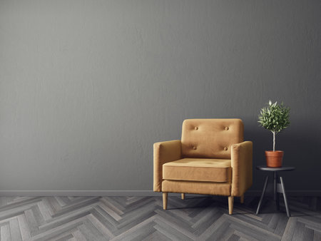 modern living room  with yellow armchair. scandinavian interior design furniture. 3d render...