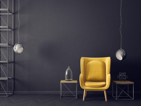 modern living room  with yellow armchair and lamp. scandinavian interior design furniture. 3d render...