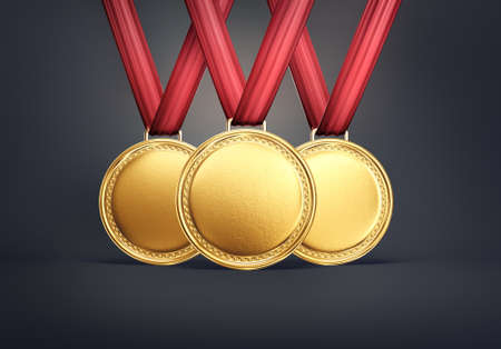 gold medals isolated on a black. 3d illustrationの写真素材
