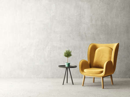 modern living room  with yellow armchair. scandinavian interior design furniture. 3d render illustrationの写真素材