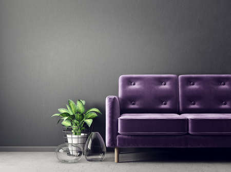 modern living room  with violet sofa. scandinavian interior design furniture. 3d render illustrationの写真素材