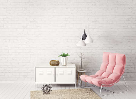 modern living room  with armchair and lamp. scandinavian interior design furniture. 3d render illustrationの写真素材