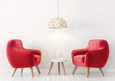modern living room  with red armchairs and lamp. scandinavian interior design furniture. 3d render...