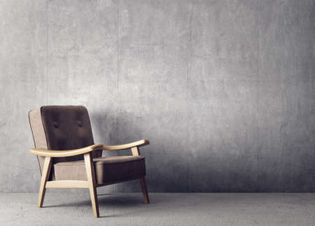 modern living room  with brown armchair and concrete wall. scandinavian interior design furniture. 3d render illustrationの写真素材