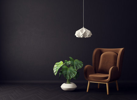 modern living room  with brown armchair and lamp. scandinavian interior design furniture. 3d render illustrationの写真素材