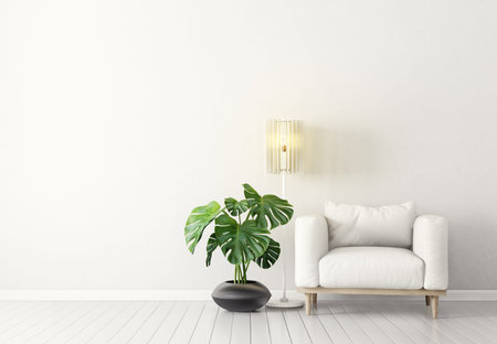 modern living room  with  armchair and plant. scandinavian interior design furniture. 3d render illustrationの写真素材
